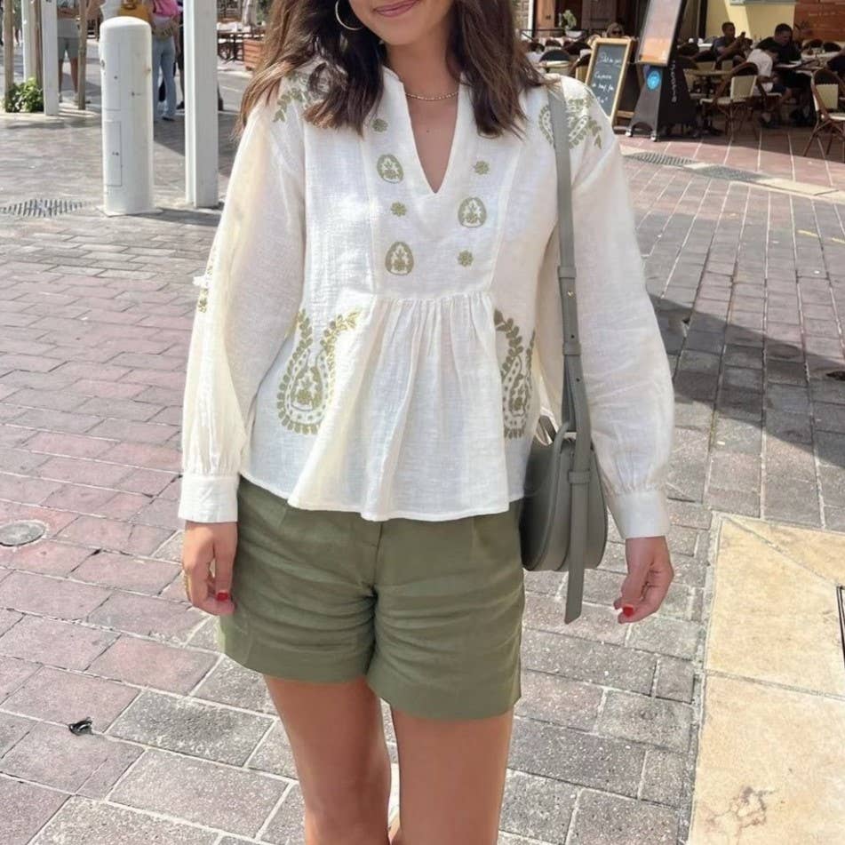 Embroidered Balloon Sleeve Peplum Blouse