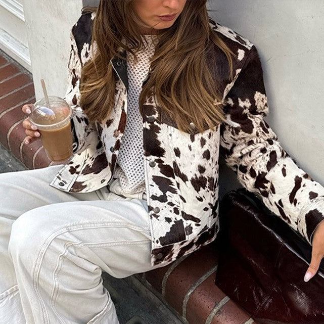 Cow Print Cropped Western Trucker Jacket - Decor - 2
