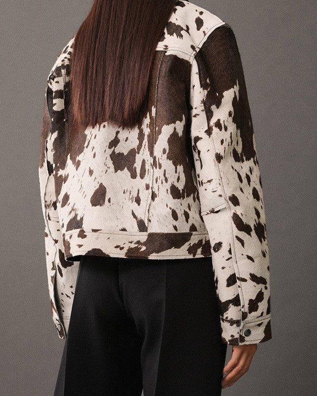 Cow Print Cropped Western Trucker Jacket - Decor - 4