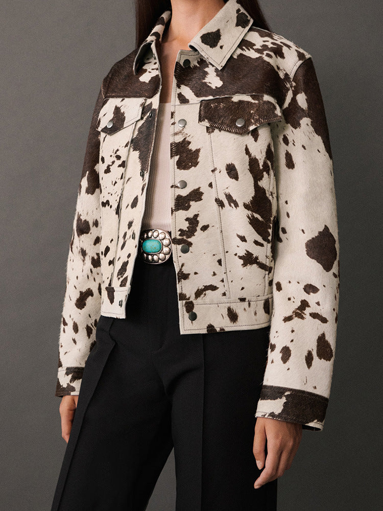 Cow Print Cropped Western Trucker Jacket - Decor - 5