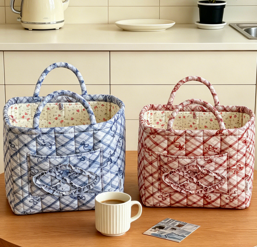 Quilted Check Basket Tote With Bow Print - Blue