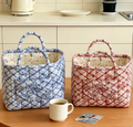 Quilted Check Basket Tote With Bow Print - Blue