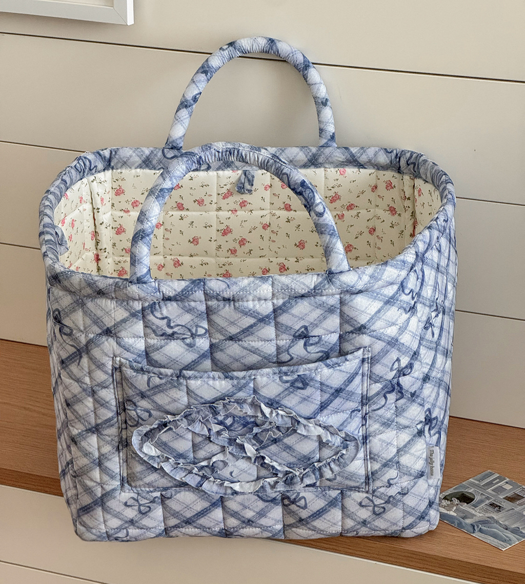Quilted Check Basket Tote With Bow Print - Blue - 1