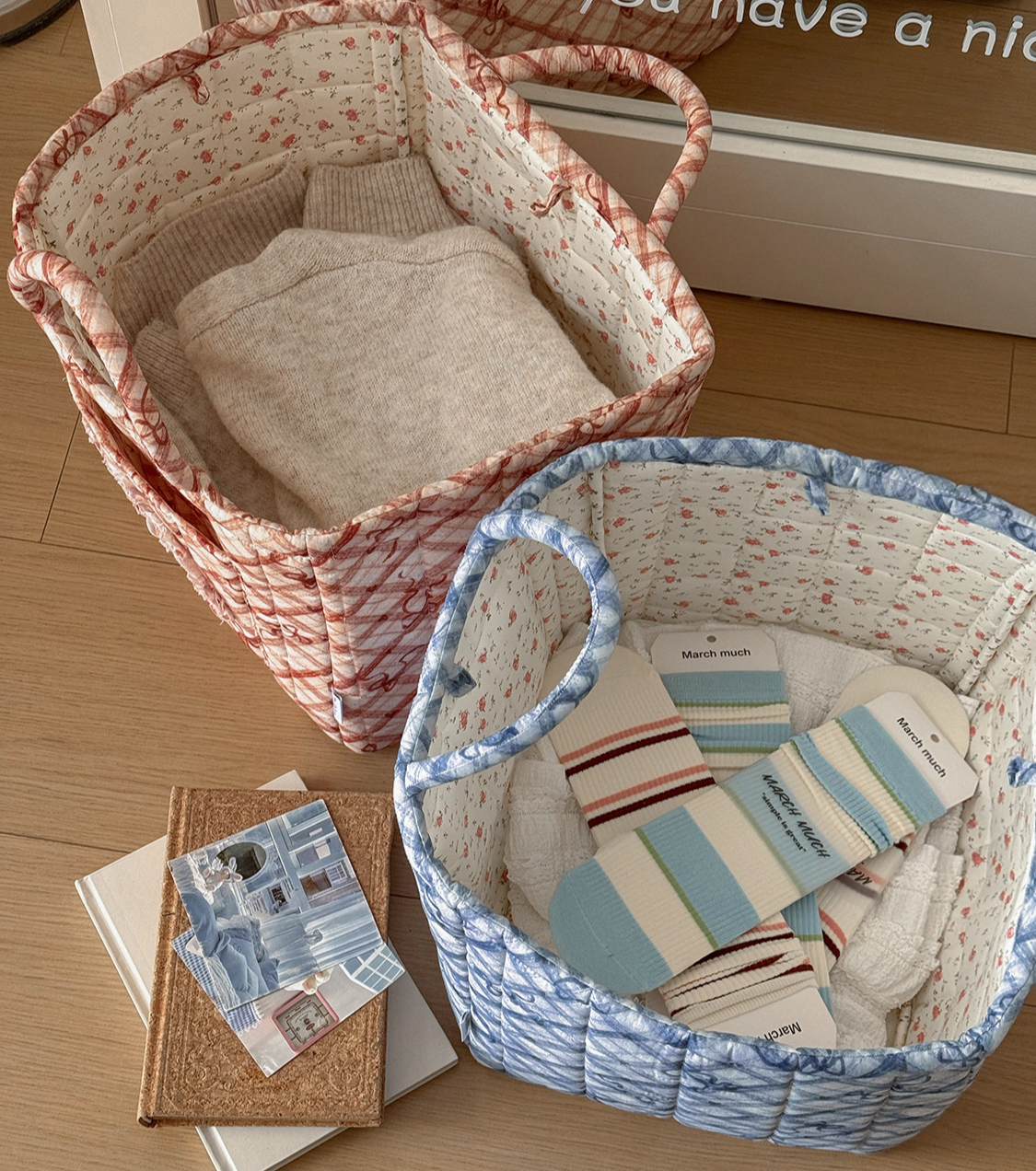 Quilted Check Basket Tote With Bow Print - Blue - 2