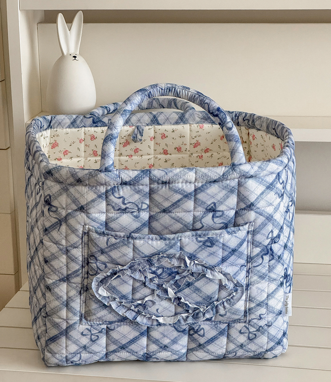 Quilted Check Basket Tote With Bow Print - Blue - 3