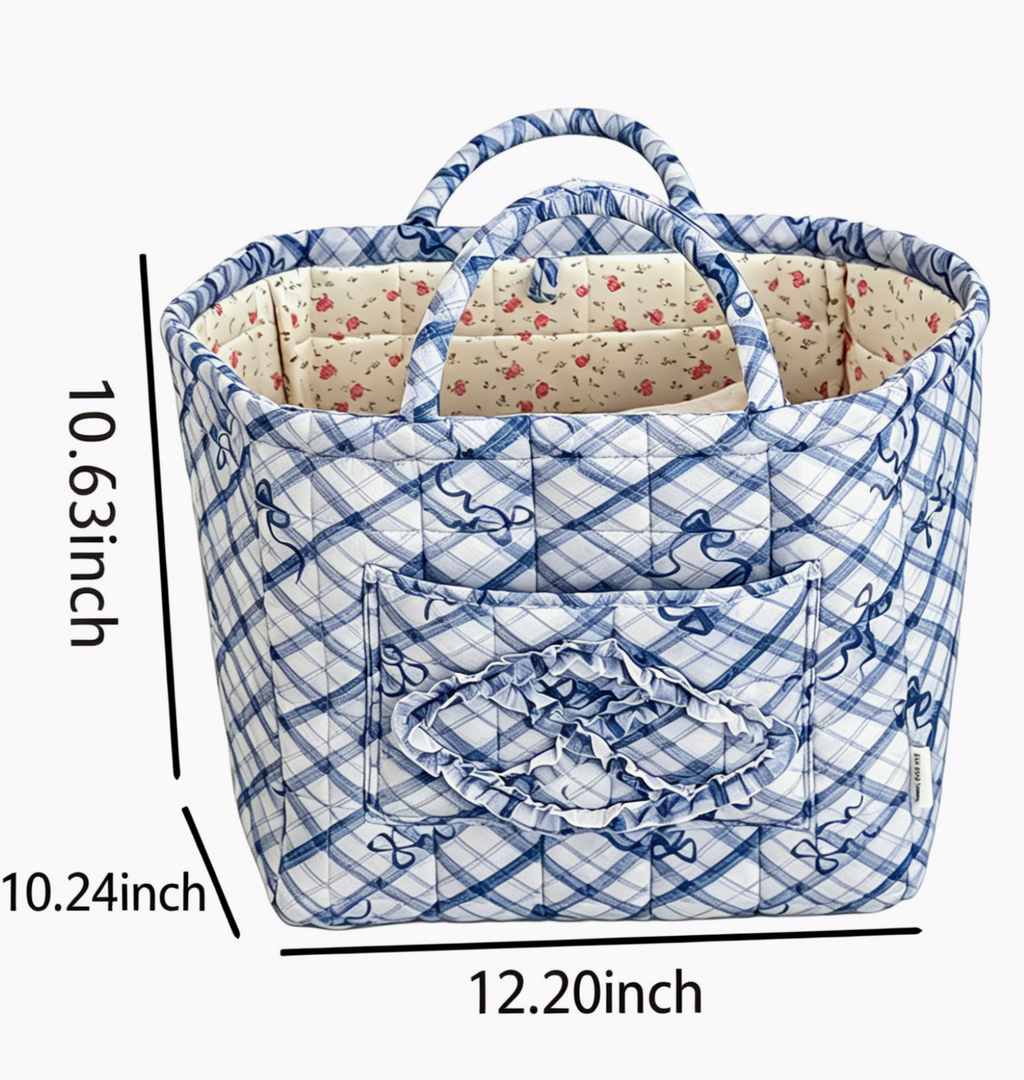 Quilted Check Basket Tote With Bow Print - Blue - 4