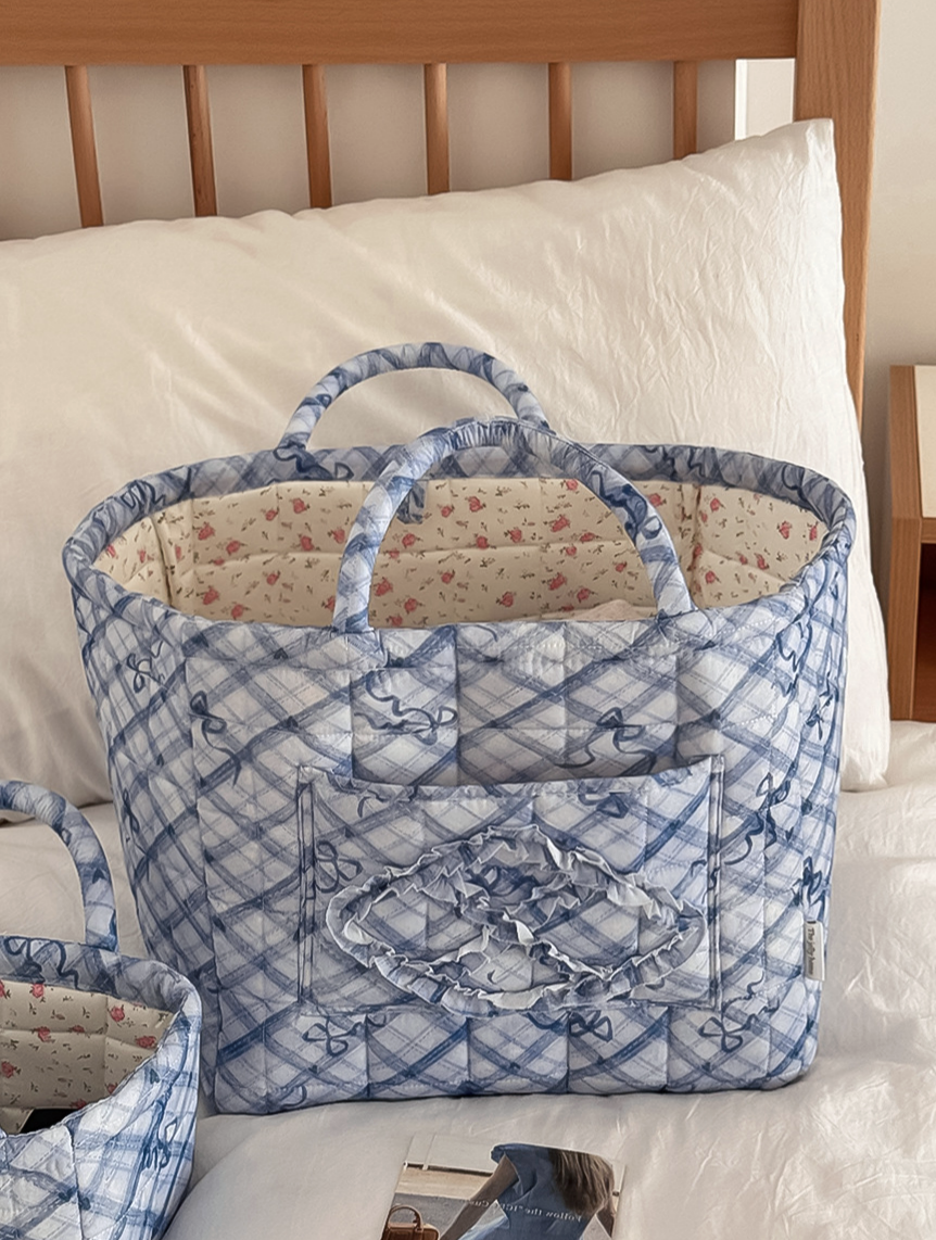 Quilted Check Basket Tote With Bow Print - Blue - 5