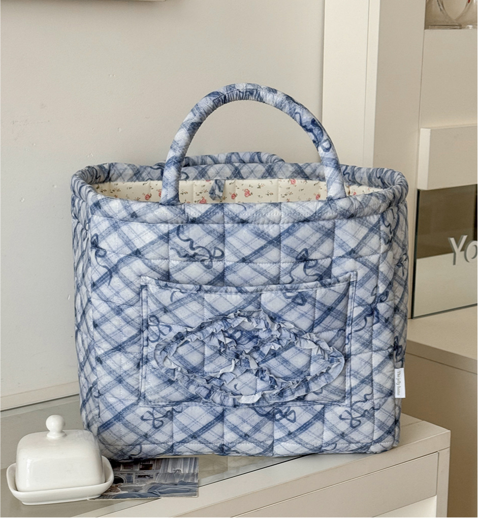 Quilted Check Basket Tote With Bow Print - Blue - 6