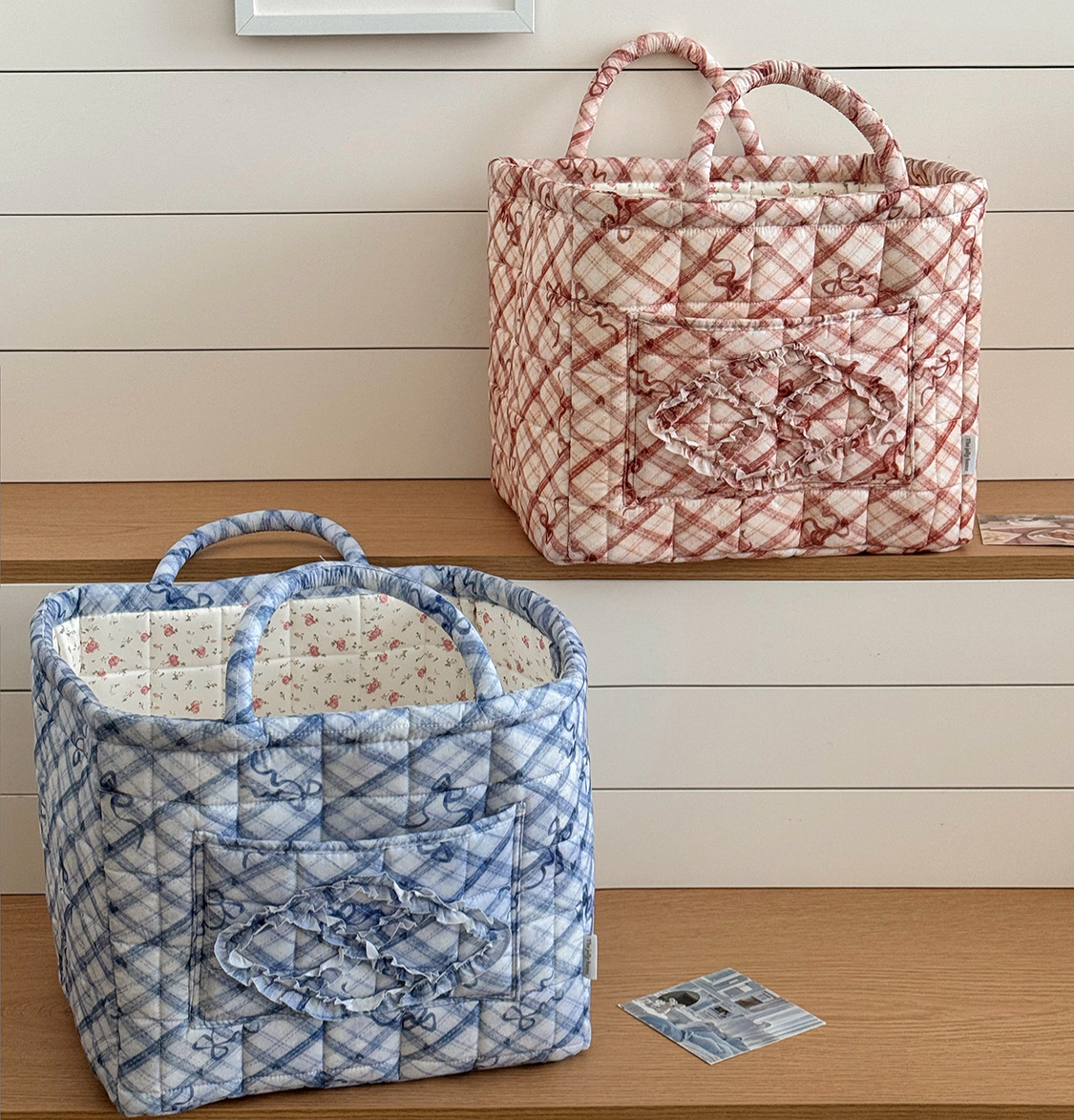 Quilted Check Basket Tote With Bow Print - Blue - 7