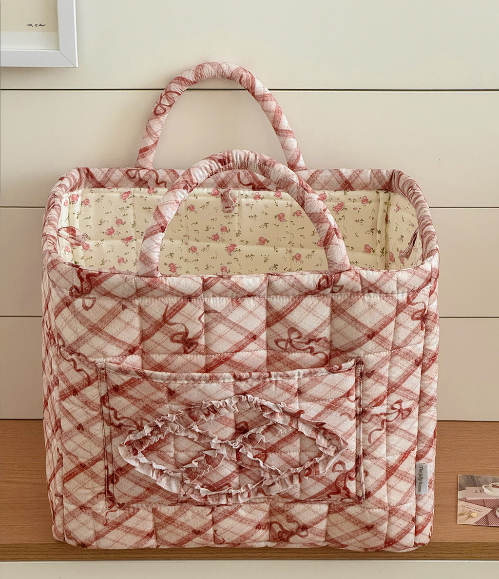 Quilted Check Basket Tote With Bow Print - Red