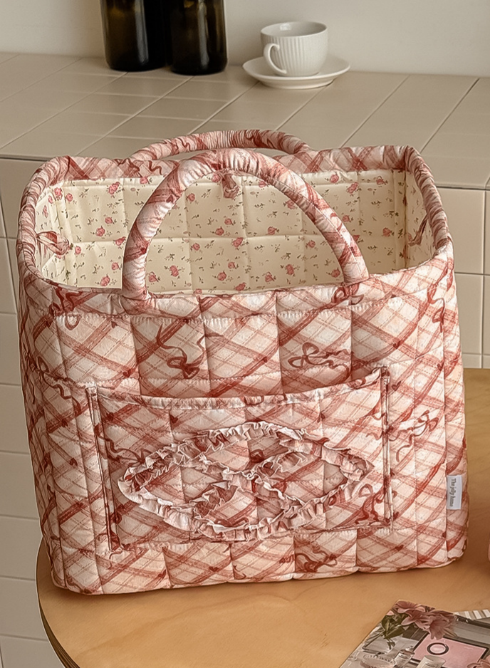Quilted Check Basket Tote With Bow Print - Red - 1