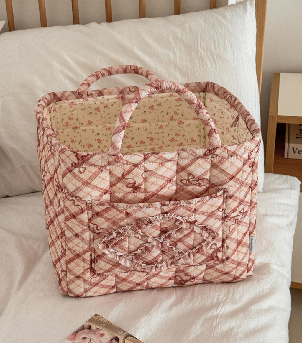 Quilted Check Basket Tote With Bow Print - Red - 2