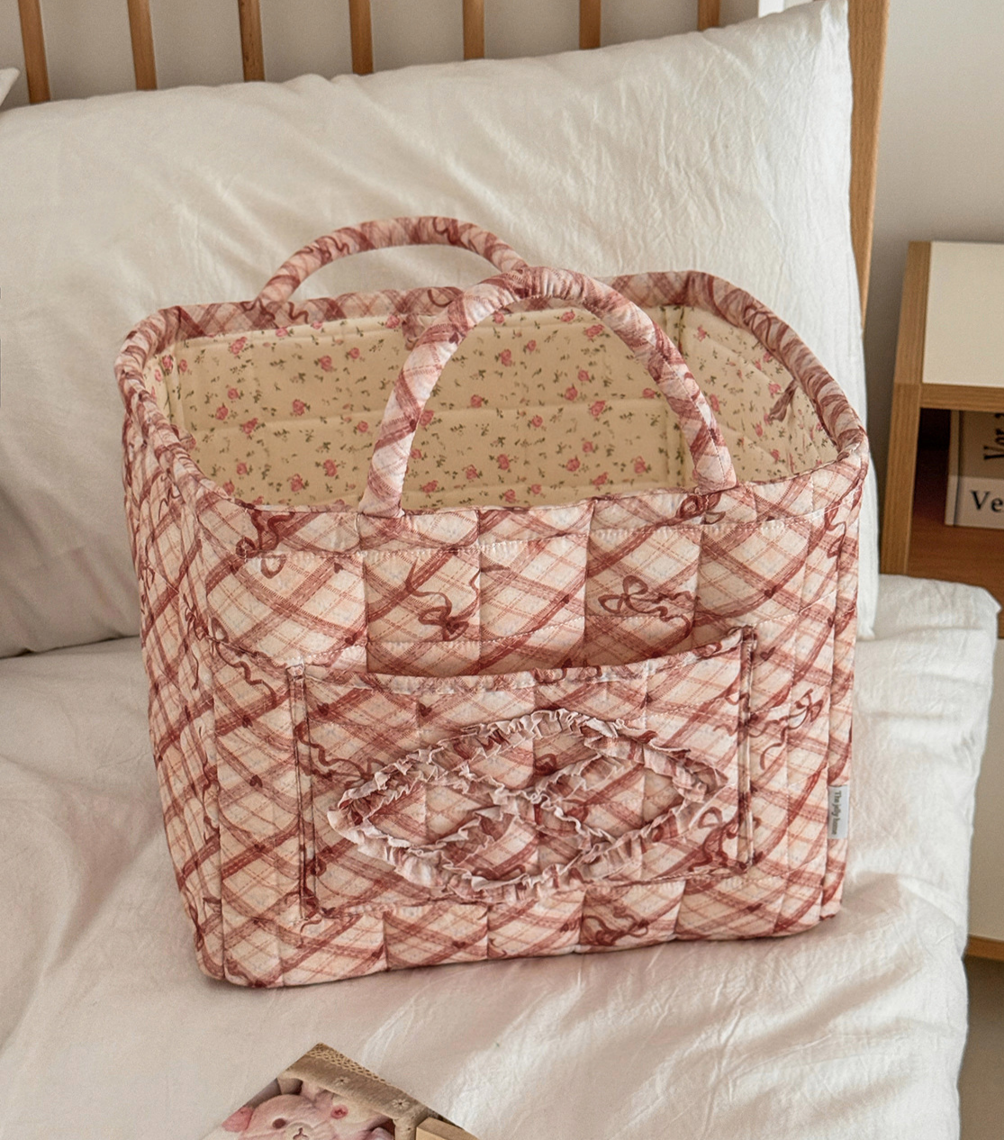 Quilted Check Basket Tote With Bow Print - Red - 2
