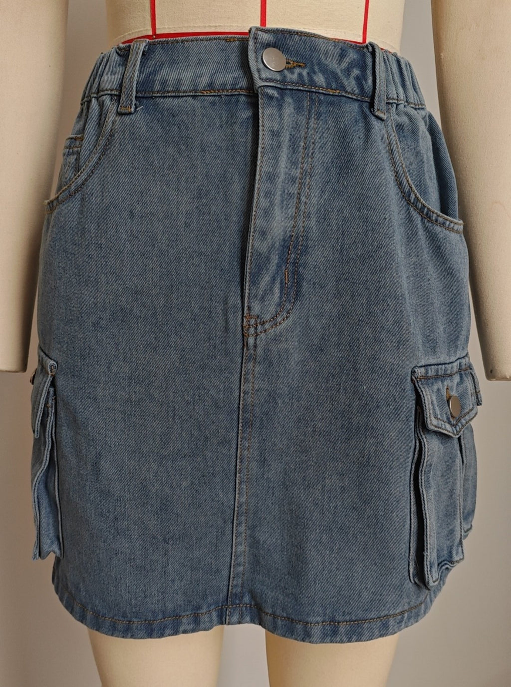 Elastic Waist Cargo Denim Mini Skirt - Blue - 2