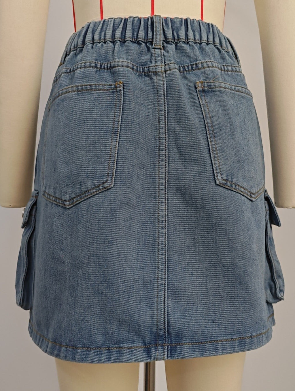 Elastic Waist Cargo Denim Mini Skirt - Blue - 3