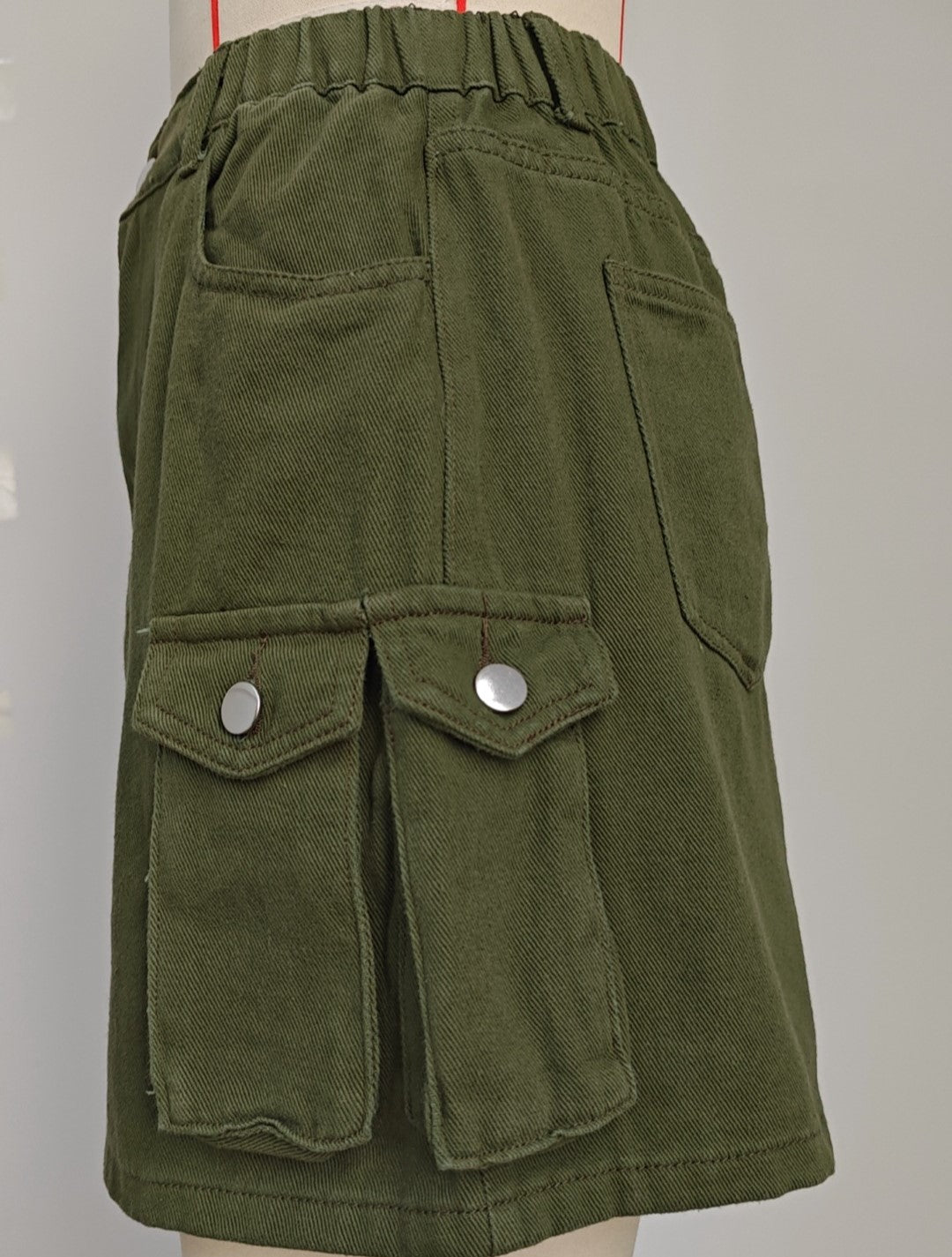 Elastic Waist Cargo Denim Mini Skirt - Green - 3
