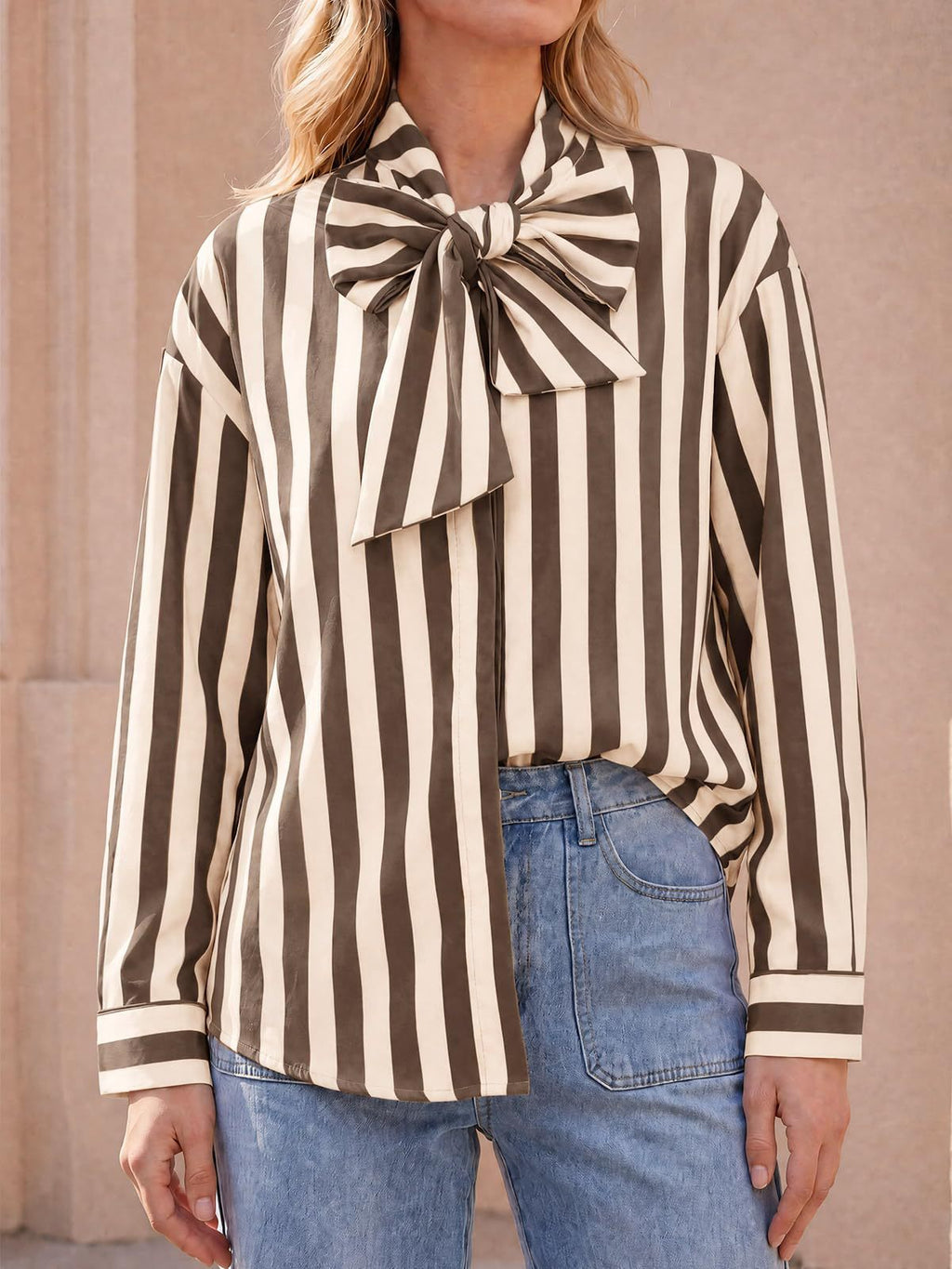 Pussy Bow Striped Long Sleeve Blouse - Beige
