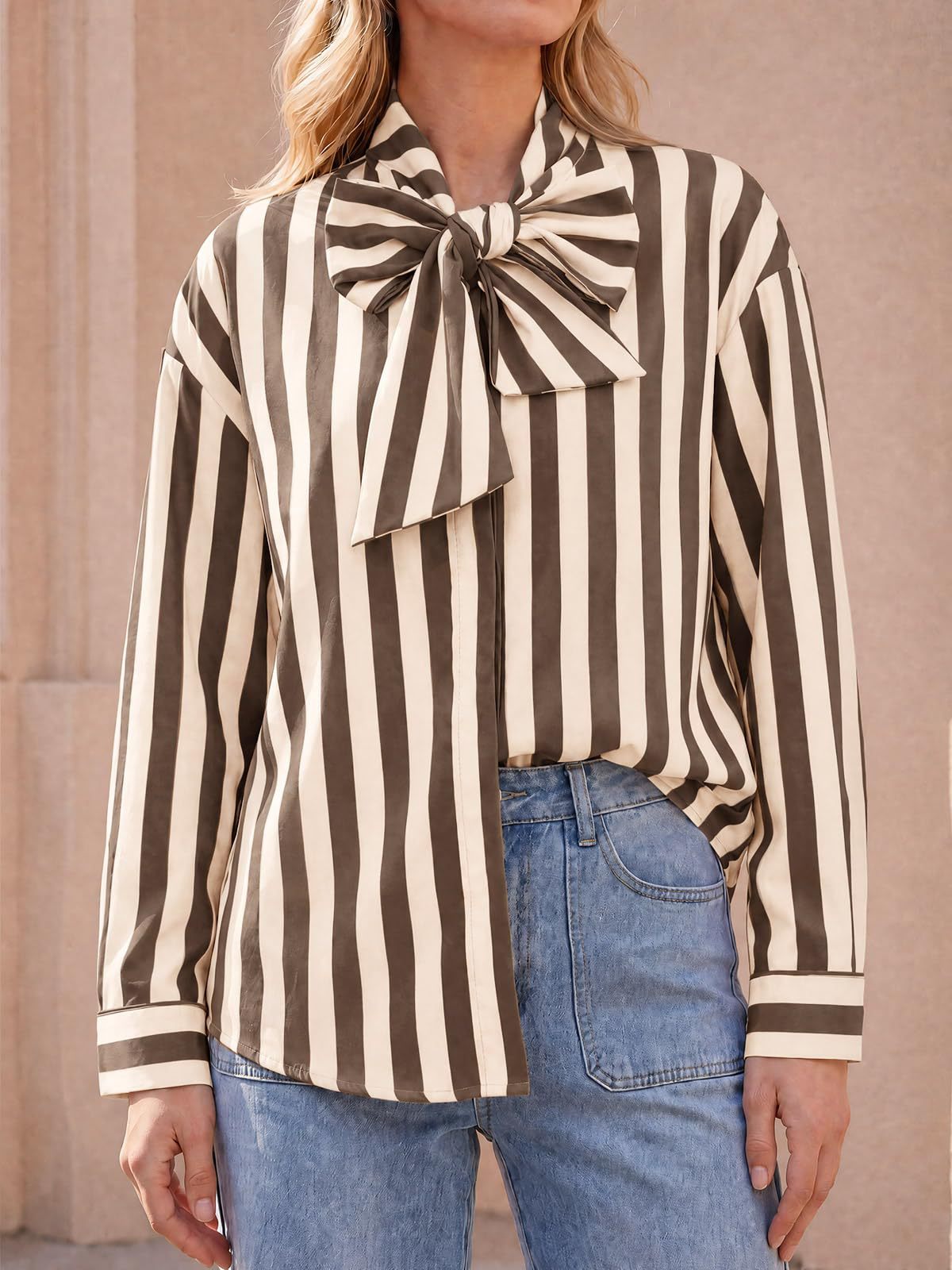 Pussy Bow Striped Long Sleeve Blouse - Beige