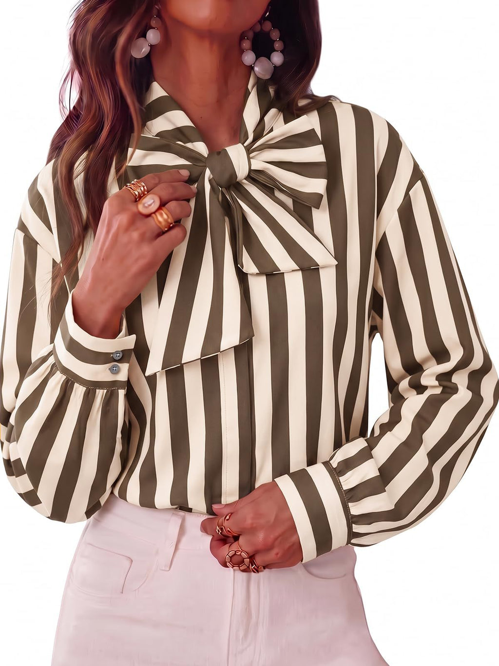Pussy Bow Striped Long Sleeve Blouse - Beige - 1