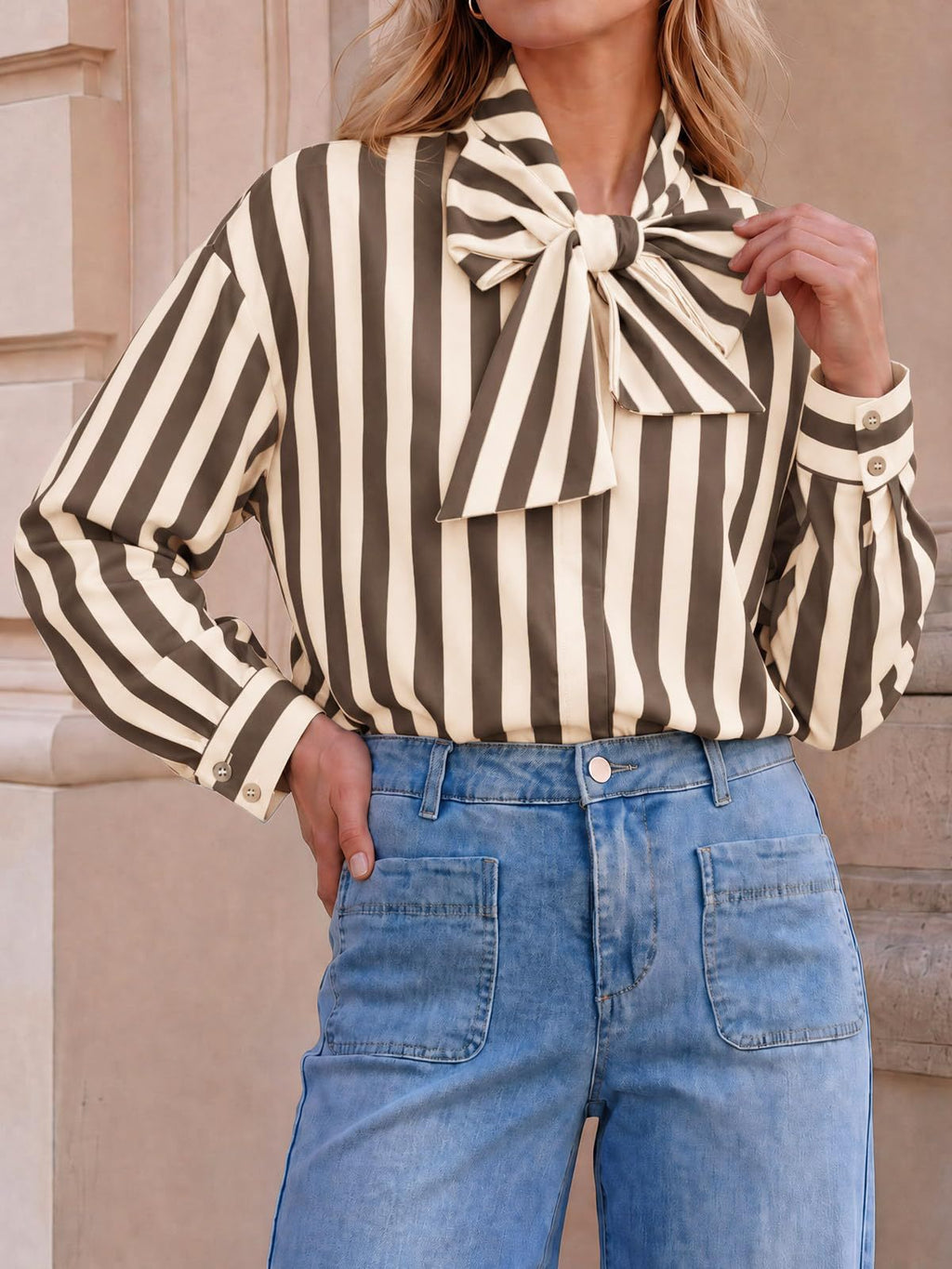 Pussy Bow Striped Long Sleeve Blouse - Beige - 2