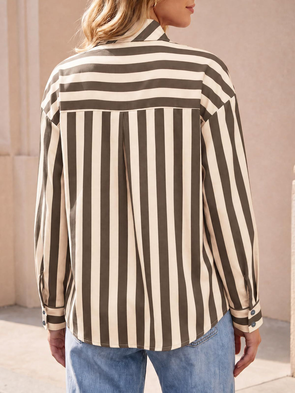 Pussy Bow Striped Long Sleeve Blouse - Beige - 3
