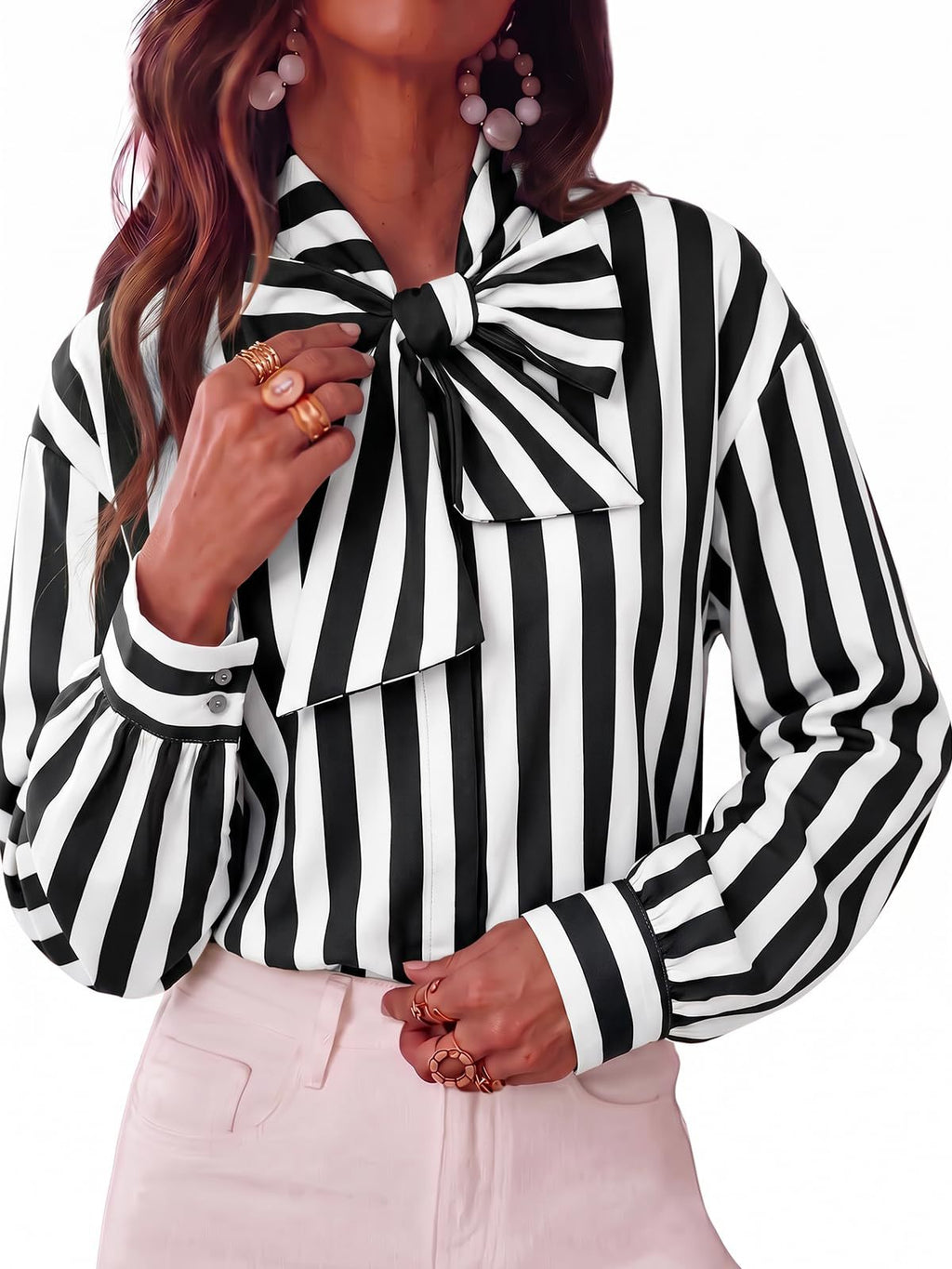 Pussy Bow Striped Long Sleeve Blouse - Black
