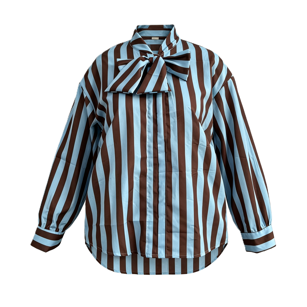 Pussy Bow Striped Long Sleeve Blouse - Blue