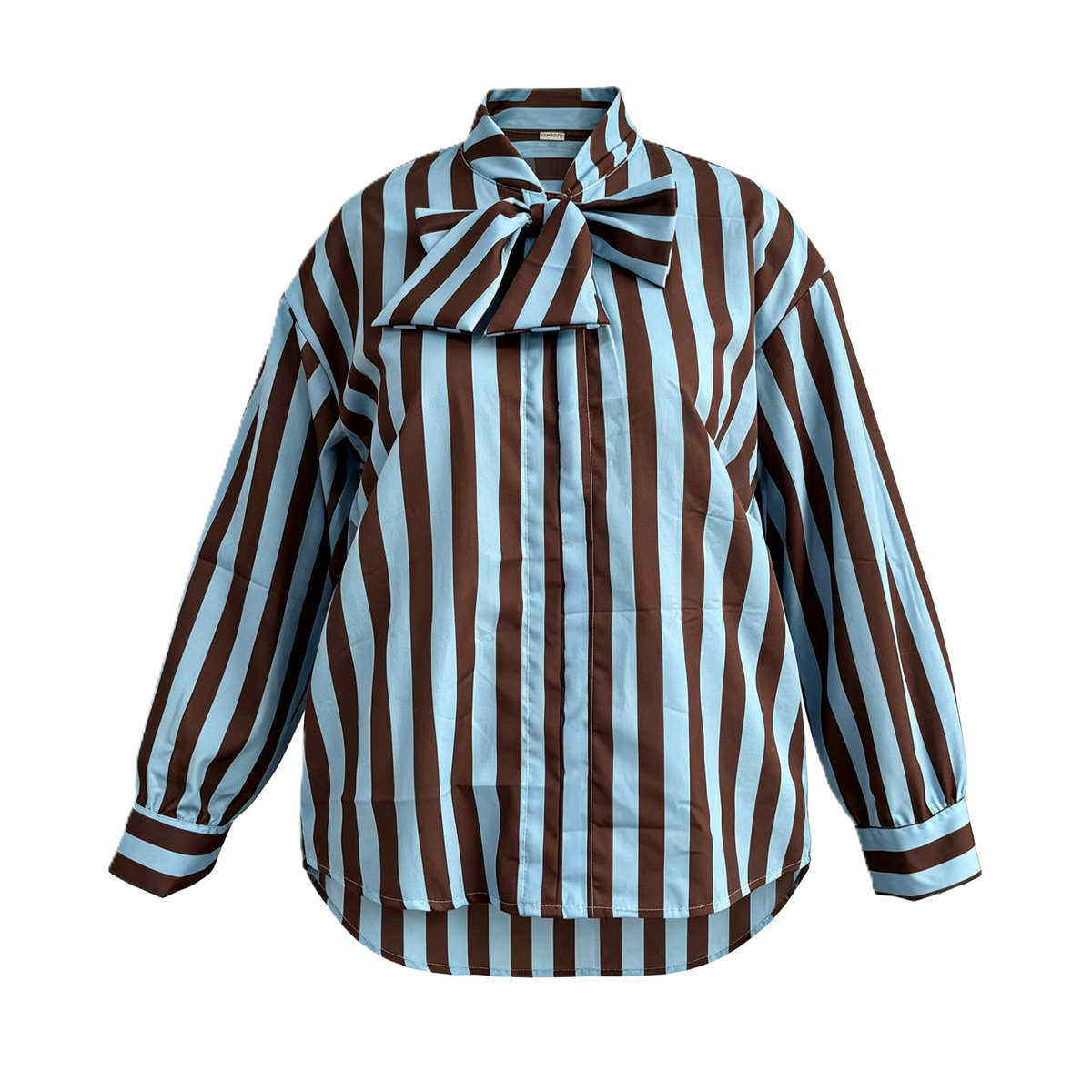 Pussy Bow Striped Long Sleeve Blouse - Blue