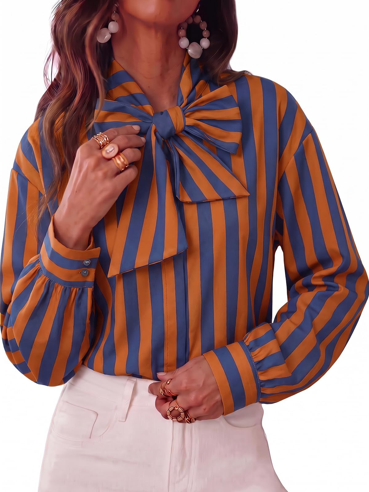 Pussy Bow Striped Long Sleeve Blouse - Brown