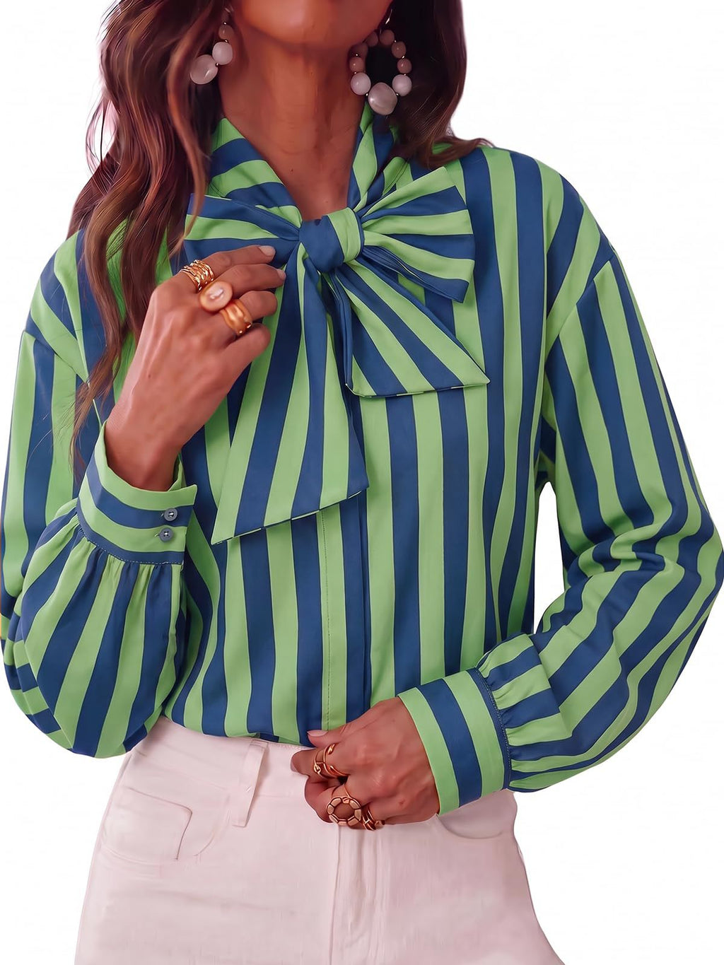 Pussy Bow Striped Long Sleeve Blouse - Green