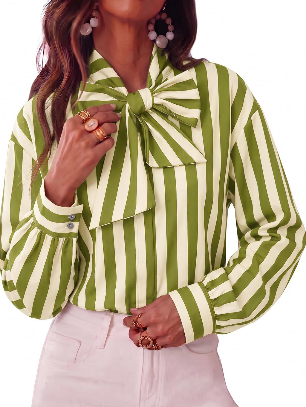 Pussy Bow Striped Long Sleeve Blouse - Olive