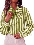 Pussy Bow Striped Long Sleeve Blouse - Olive