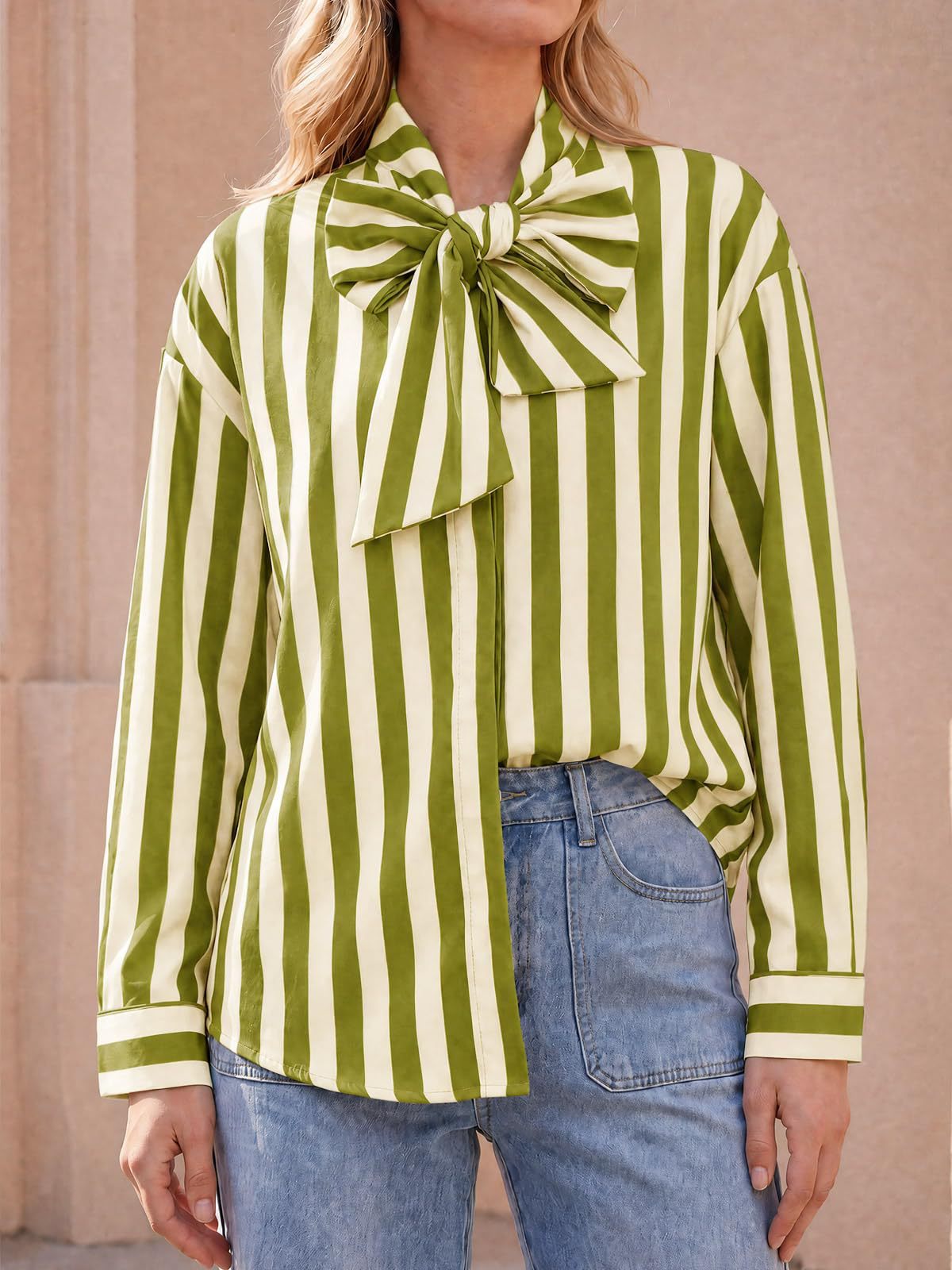 Pussy Bow Striped Long Sleeve Blouse - Olive - 1