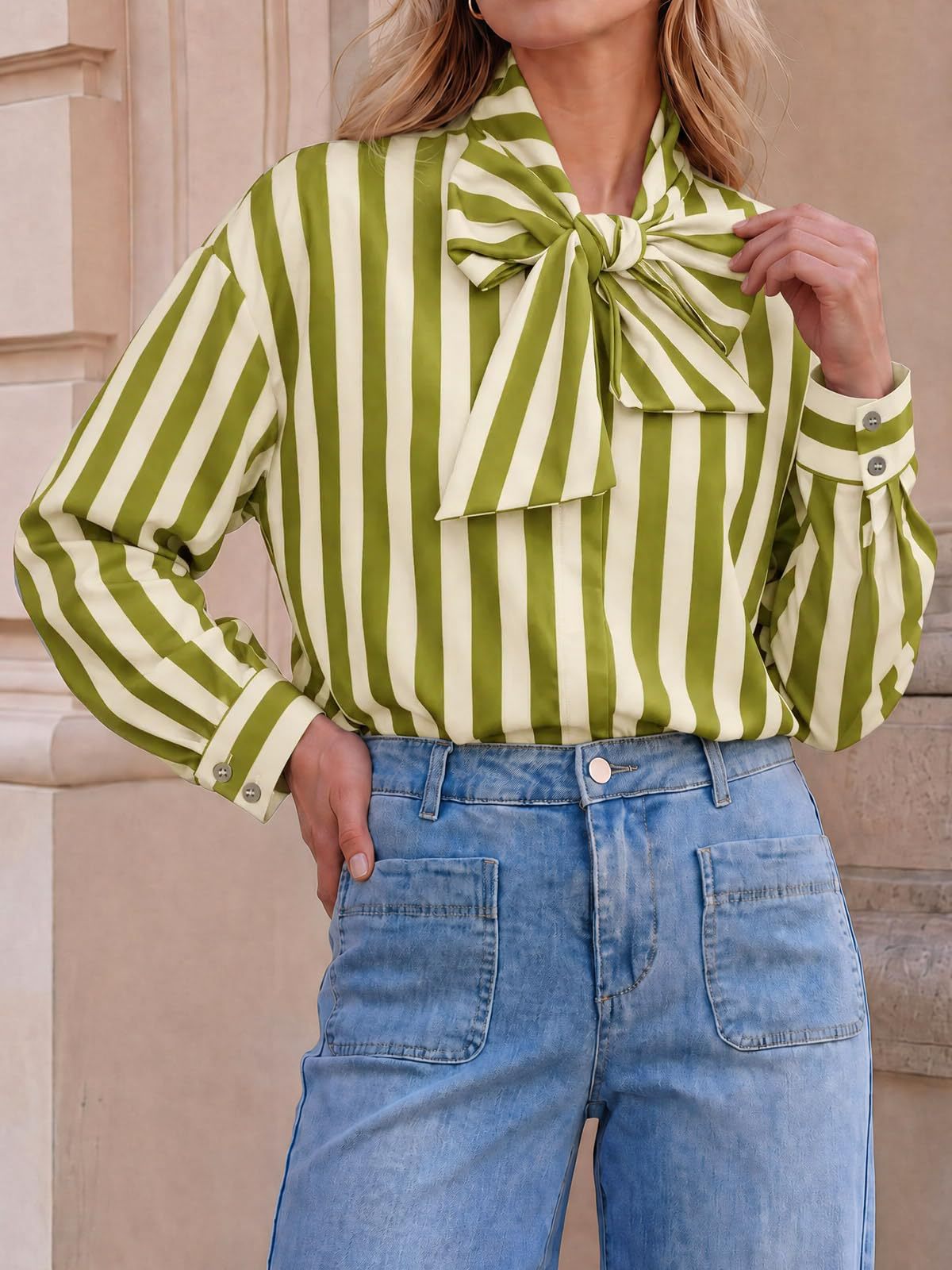 Pussy Bow Striped Long Sleeve Blouse - Olive - 2