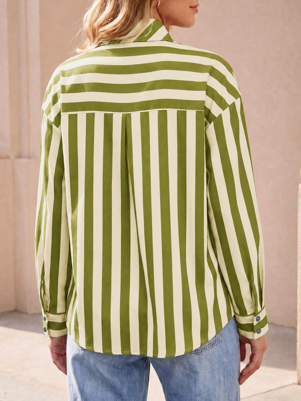 Pussy Bow Striped Long Sleeve Blouse - Olive - 3