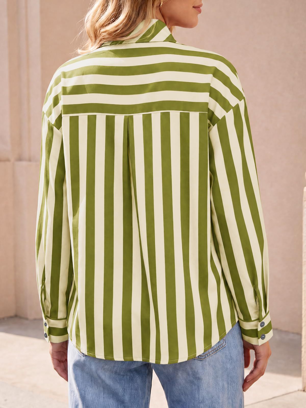 Pussy Bow Striped Long Sleeve Blouse - Olive - 3