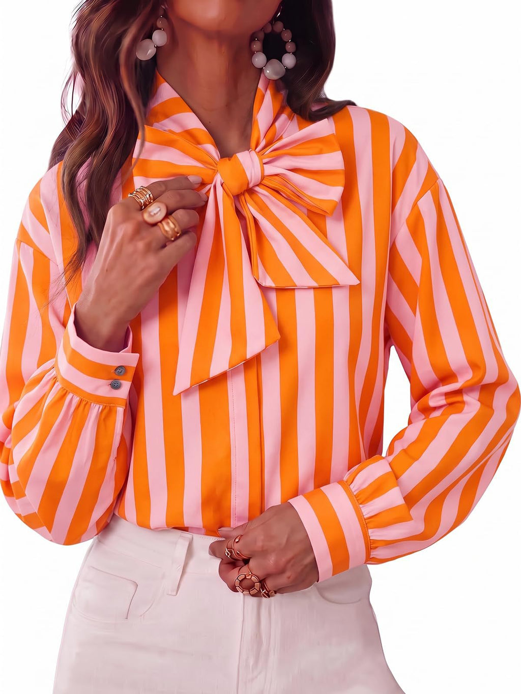 Pussy Bow Striped Long Sleeve Blouse - Orange