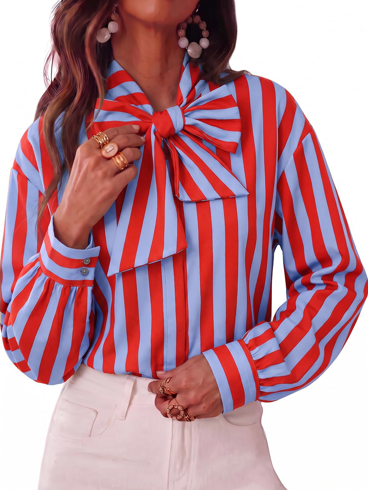 Pussy Bow Striped Long Sleeve Blouse - RedBlue