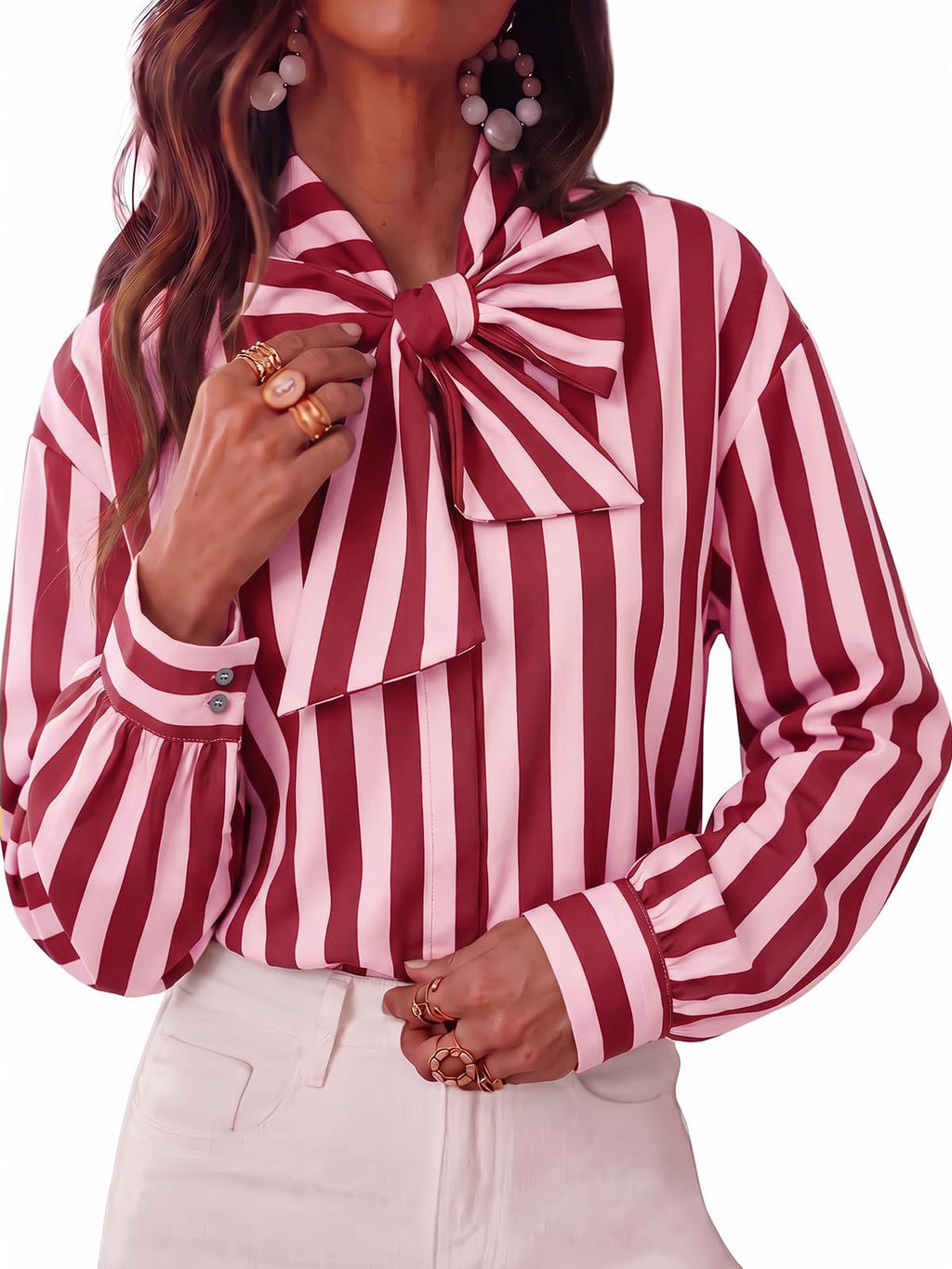 Pussy Bow Striped Long Sleeve Blouse - WineRed