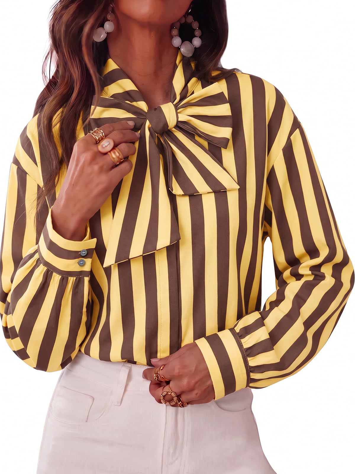 Pussy Bow Striped Long Sleeve Blouse - yellow