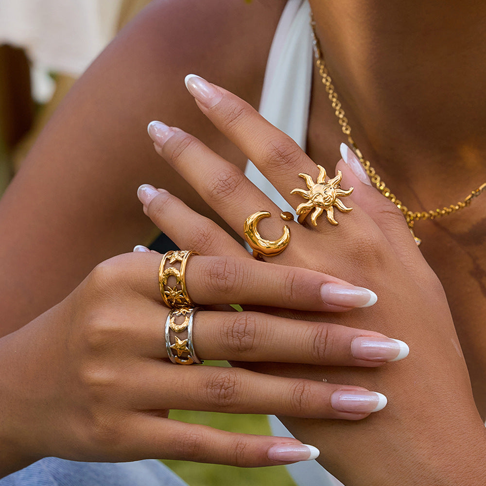 Celestial Sunburst Crescent Statement Ring - NO-5