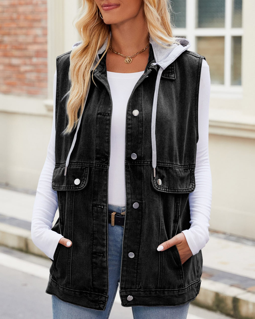 Hooded Denim Utility Vest With Pockets - black