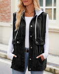Hooded Denim Utility Vest With Pockets - black