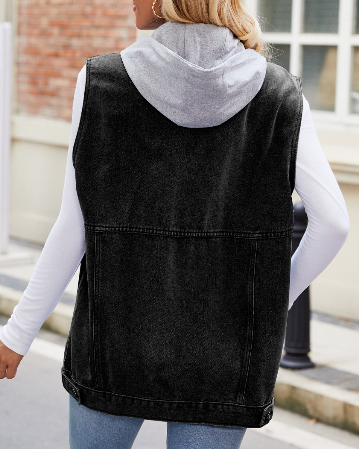 Hooded Denim Utility Vest With Pockets - black - 1