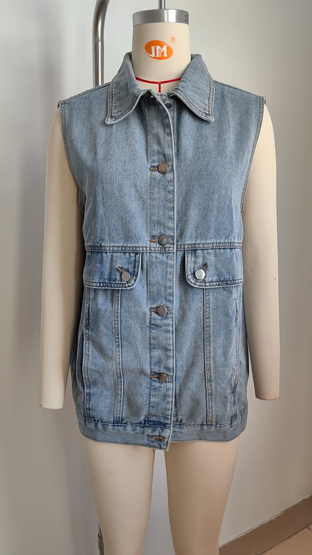 Hooded Denim Utility Vest With Pockets - blue - 1