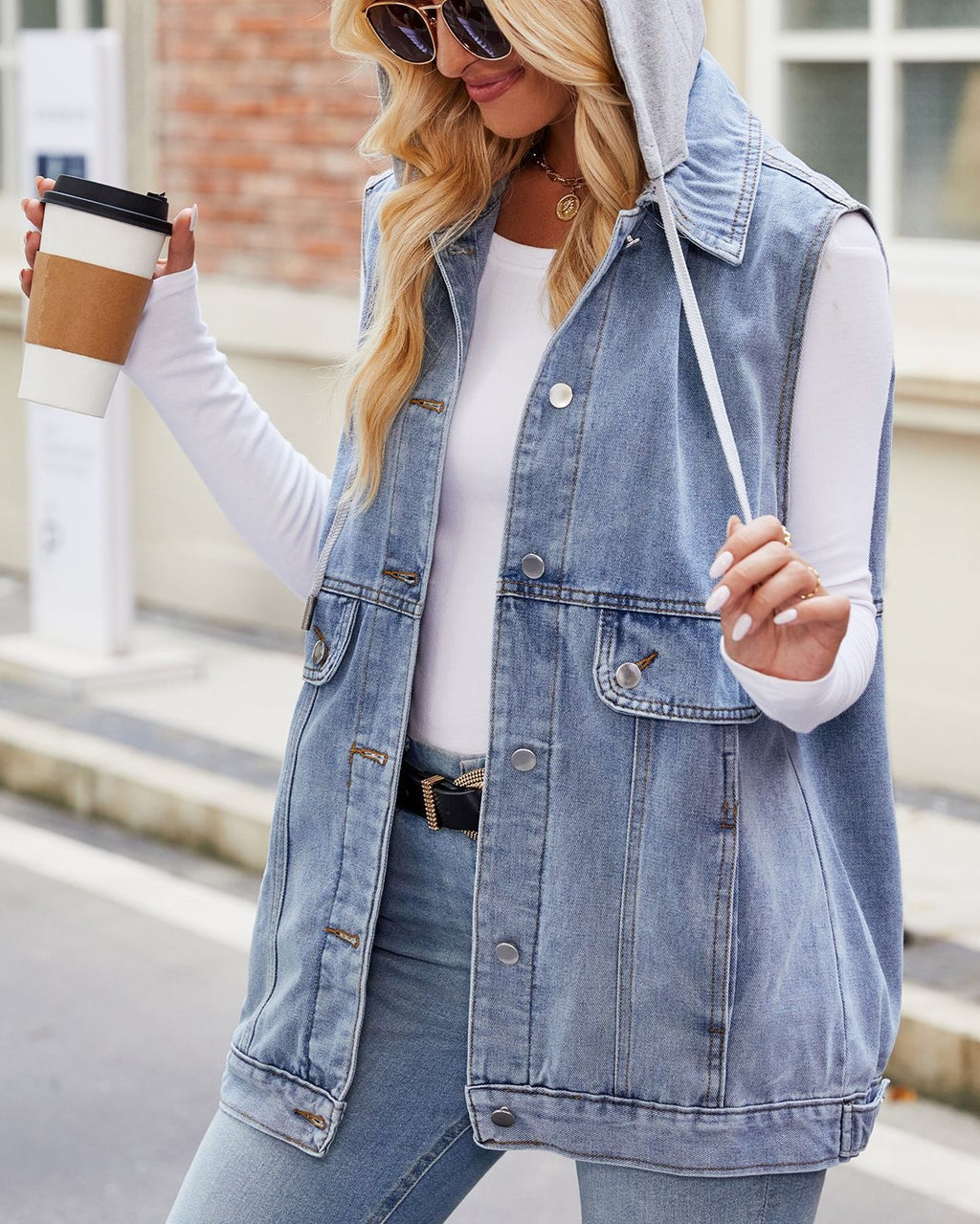 Hooded Denim Utility Vest With Pockets - blue - 2