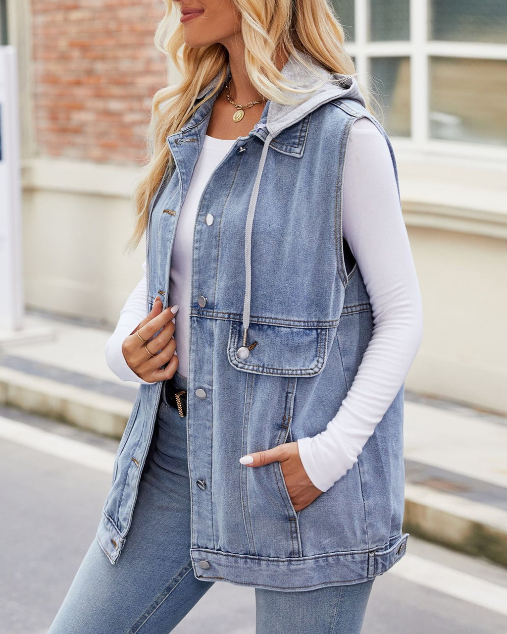 Hooded Denim Utility Vest With Pockets - blue - 3