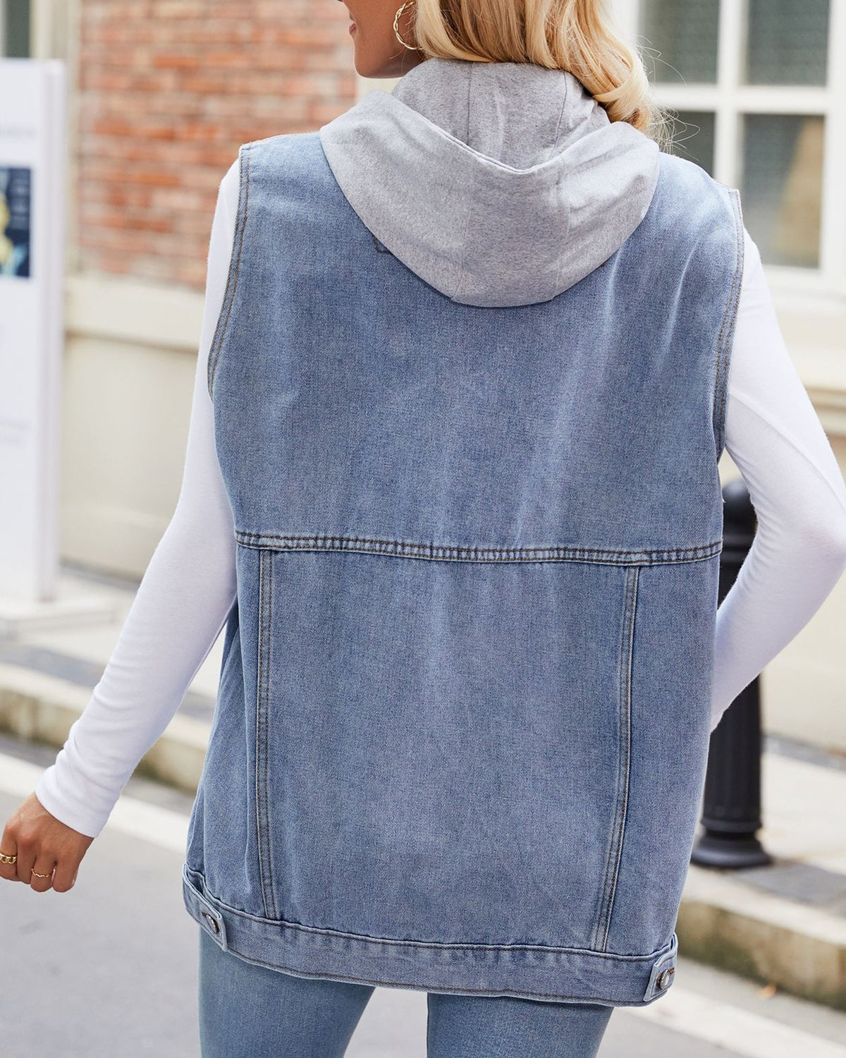 Hooded Denim Utility Vest With Pockets - blue - 4