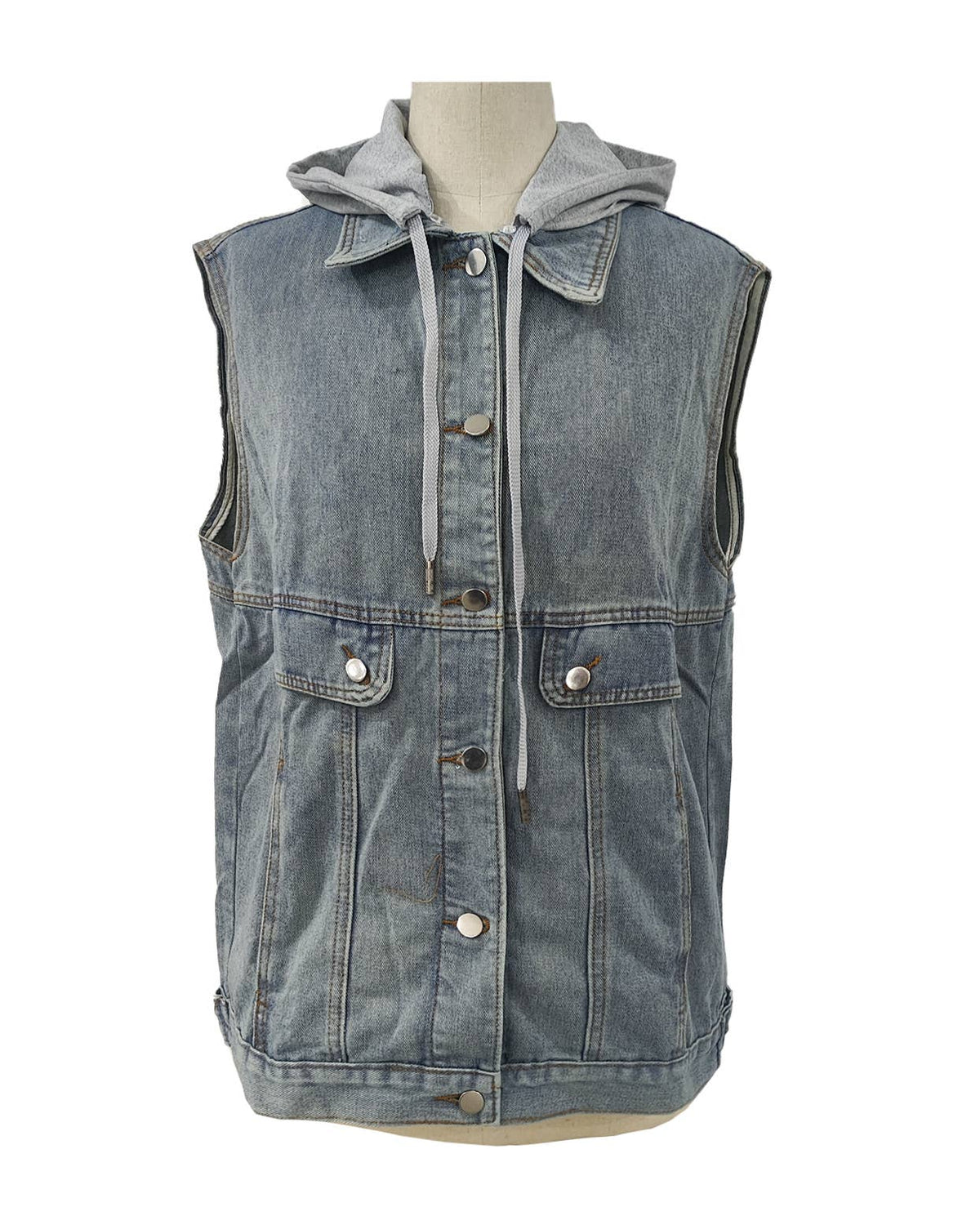 Hooded Denim Utility Vest With Pockets