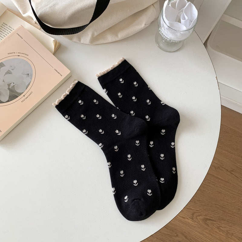 Tiny Tulip Floral Scallop Cuff Socks - Black